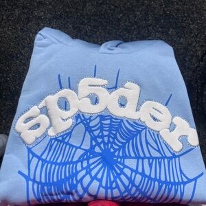 Blue V-Neck Sweater with Spider Web Design